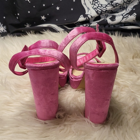 Pink Velour Chunky Heels with Ankle Strap - Picture 3 of 5
